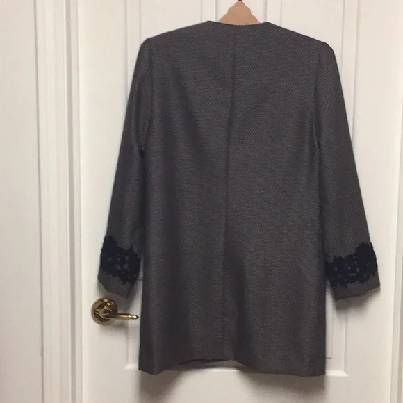 ELEANOR BRENNER Designer Wool Jacket Size 6 Lace Sleeve Trim - Picture 4 of 7